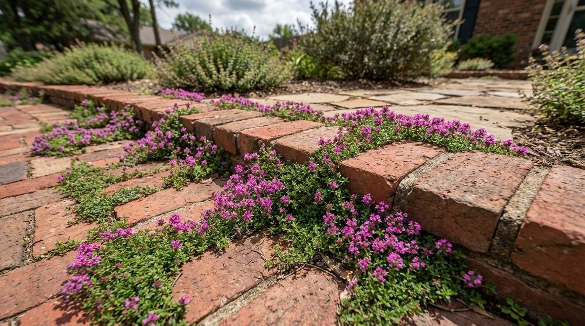 A close-up view of creeping thyme plants growing in the mortar joints of a brick garden border, showing magenta blooms and lush green foliage softening the hard lines while providing natural weed control and fragrance.