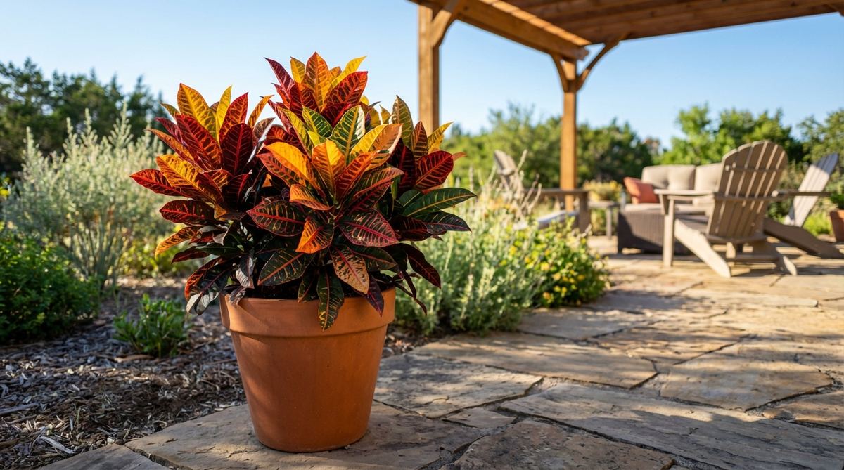 A vibrant Croton Color Burst container showcasing multi-colored foliage in yellow, orange, red, and green, ideal for summer outdoor decor with full sun and low water requirements.