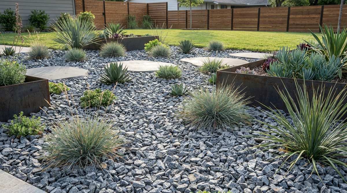 A modern garden bed featuring crushed granite mulch with angular gray stone chips sized 3/8 to 3/4 inch, providing refined texture, light reflection, weed suppression, and moisture retention in contemporary landscaping.