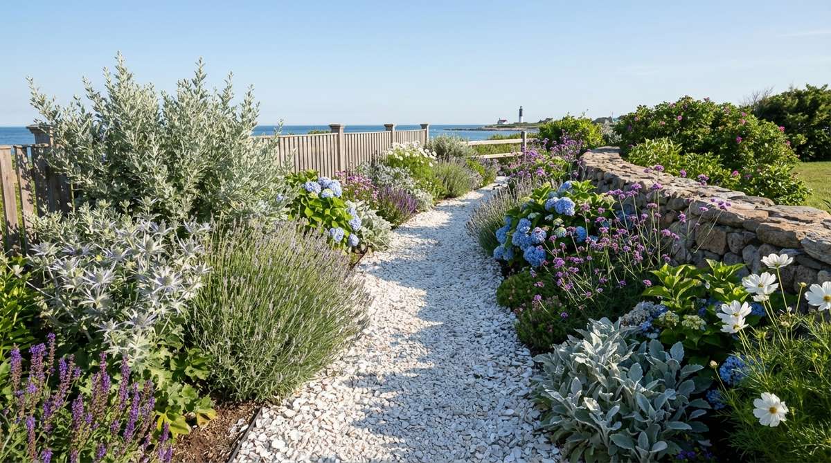 A bright coastal pathway made from crushed oyster or clam shells in a cottage garden setting. The white shells reflect light into shaded areas while providing excellent drainage, complementing silvery-leaved plants and cool-toned flowers.