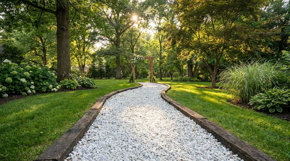 A 4-foot-wide path of crushed white marble or granite creating a luminous aisle for a garden wedding, reflecting light beautifully in photos. The loose stone crunches softly underfoot, edged with landscape timbers or metal edging for clean borders, contrasting dramatically with green lawn to guide guests naturally.