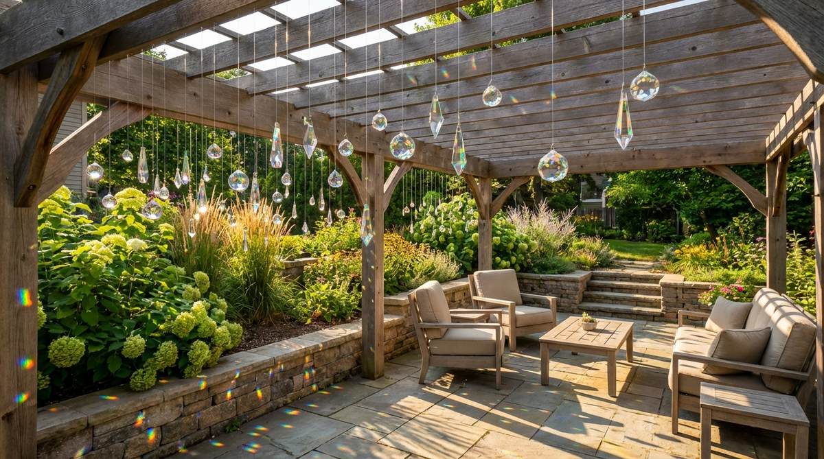 Faceted crystals and prisms suspended from fishing line cast vibrant rainbow reflections across pergola surfaces during peak sunlight hours. The suncatchers are clustered at varying heights near the edges where direct sunlight reaches them, creating dynamic moving light patterns that add visual interest to outdoor decor without electricity or maintenance.