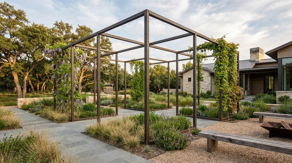 Open steel cubic framework sculpture in a modern garden setting, featuring precise welded square tubing forming transparent geometric structures that create sculptural rooms while maintaining visual openness. The cubic frames establish human-scale presence and can support climbing plants, transforming from pure geometry into living architecture that functions as both art and garden infrastructure.