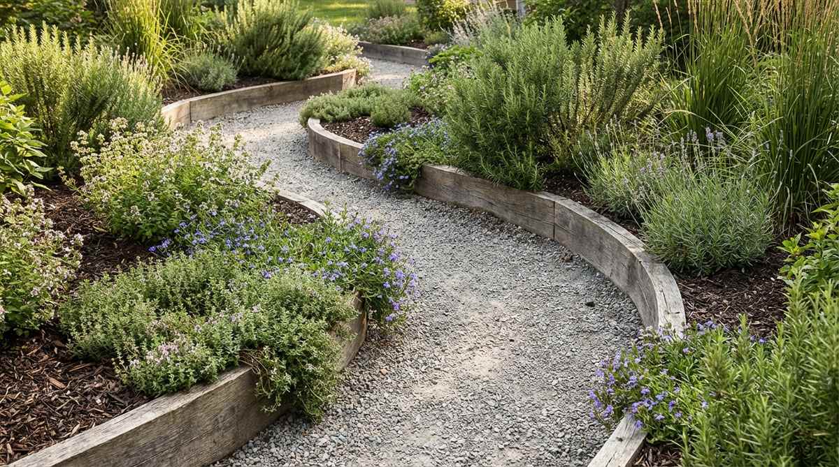 A close-up view of curved pathway borders in a mini garden bed, showing 18-24 inch wide planting strips following the path's curves. Low raised borders (8-12 inches high) define planting zones and contain mulch, with cascading herbs and flowers spilling onto the pathway. Taller crops and shrubby herbs like rosemary provide vertical structure along the path's length, creating an immersive sensory experience in a small garden space.
