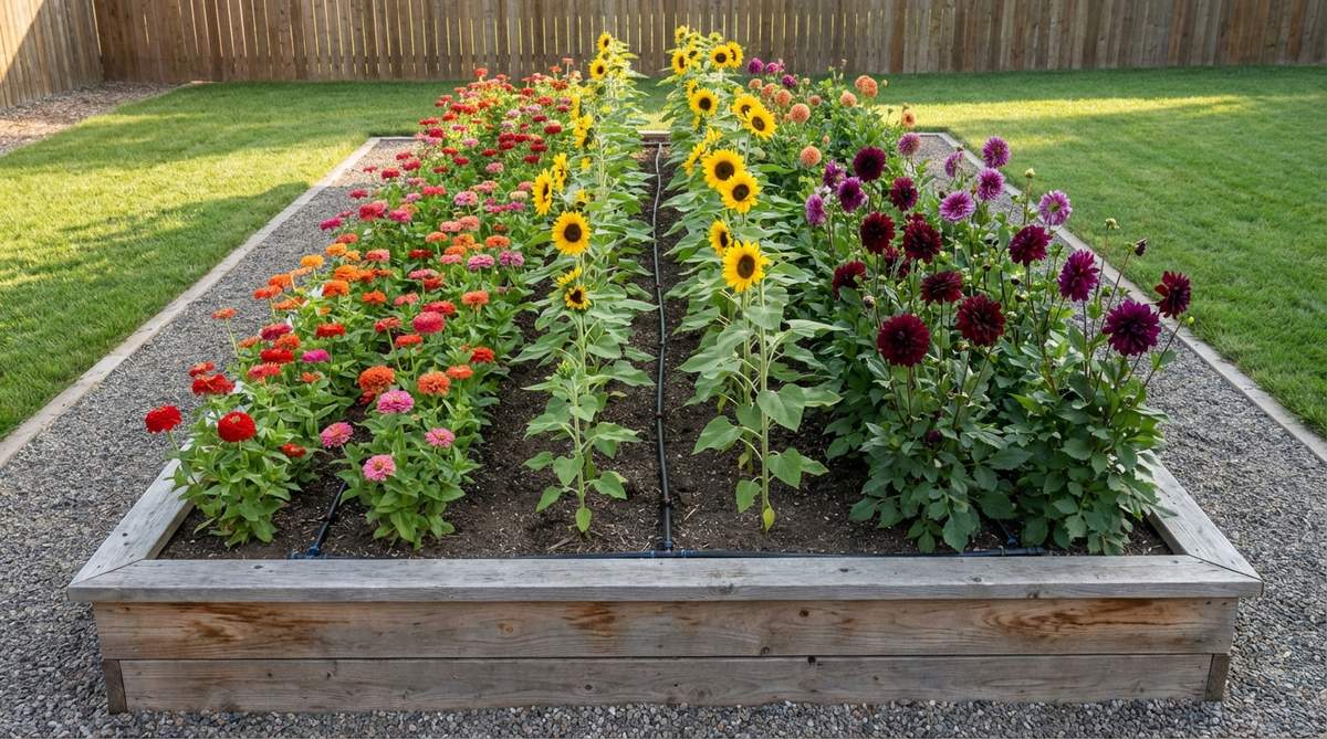 A modern garden bed designed specifically for cut flower production, featuring long, narrow rows of zinnias, sunflowers, and dahlias arranged in an organized 2x12 configuration. The bed includes a central drip irrigation system with emitters spaced for individual plants, and varieties are arranged by height with tallest flowers at the north end to prevent shading, optimizing planting, maintenance, and harvesting efficiency.