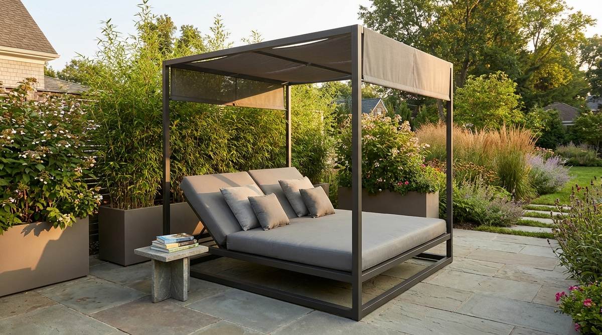 An oversized outdoor daybed with a canopy frame creates a resort-style relaxation area in a terrace garden. The daybed features quick-dry foam cushions covered in marine-grade vinyl and is positioned to capture prevailing breezes while providing adjustable shade options. Potted privacy screens surround the area, creating a secluded reading nook that elevates the terrace's functionality beyond dining and entertaining.