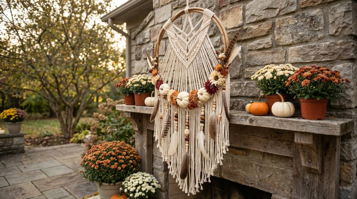 A bohemian Halloween decoration featuring a dreamcatcher made with a natural wood hoop and cream-colored yarn or macramé cord, adorned with small white pumpkins, feathers, wooden beads, and dried flowers. This wall hanging combines traditional Native American circular designs with seasonal motifs, ideal for mounting above mantels or in entryways as statement artwork.