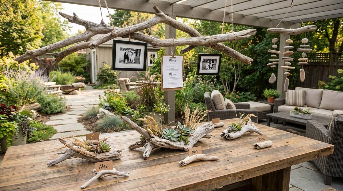Weathered driftwood pieces used as organic sculptural accents on tables, bases for floral arrangements, or suspended as natural mobiles. Large driftwood branches serve as unconventional display surfaces for hanging photos, menu cards, or decorative elements. Smaller pieces work well as place card holders, adding coastal bohemian influence to birthday decor.