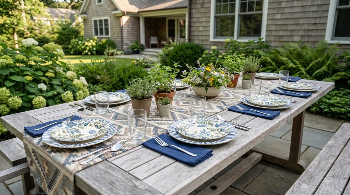A modern garden table setting featuring eclectic pattern mixing with floral prints, geometric patterns, and solid colors on dinnerware and textiles. Botanical-motif side plates are paired with striped dinner plates, unified by a consistent color thread, creating playful energy perfect for casual garden gatherings. Neutral solid napkins and plain glasses anchor the design to prevent visual chaos.