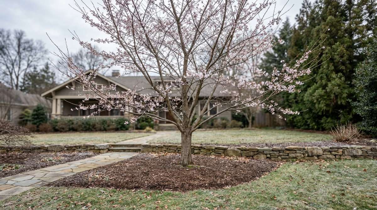 An Edohigan cherry tree, one of Japan's earliest blooming cherry species, showing delicate pale pink flowers on bare branches in late winter. This long-lived tree species can survive for centuries and reaches 40-50 feet at maturity, often featured in traditional Japanese gardens.