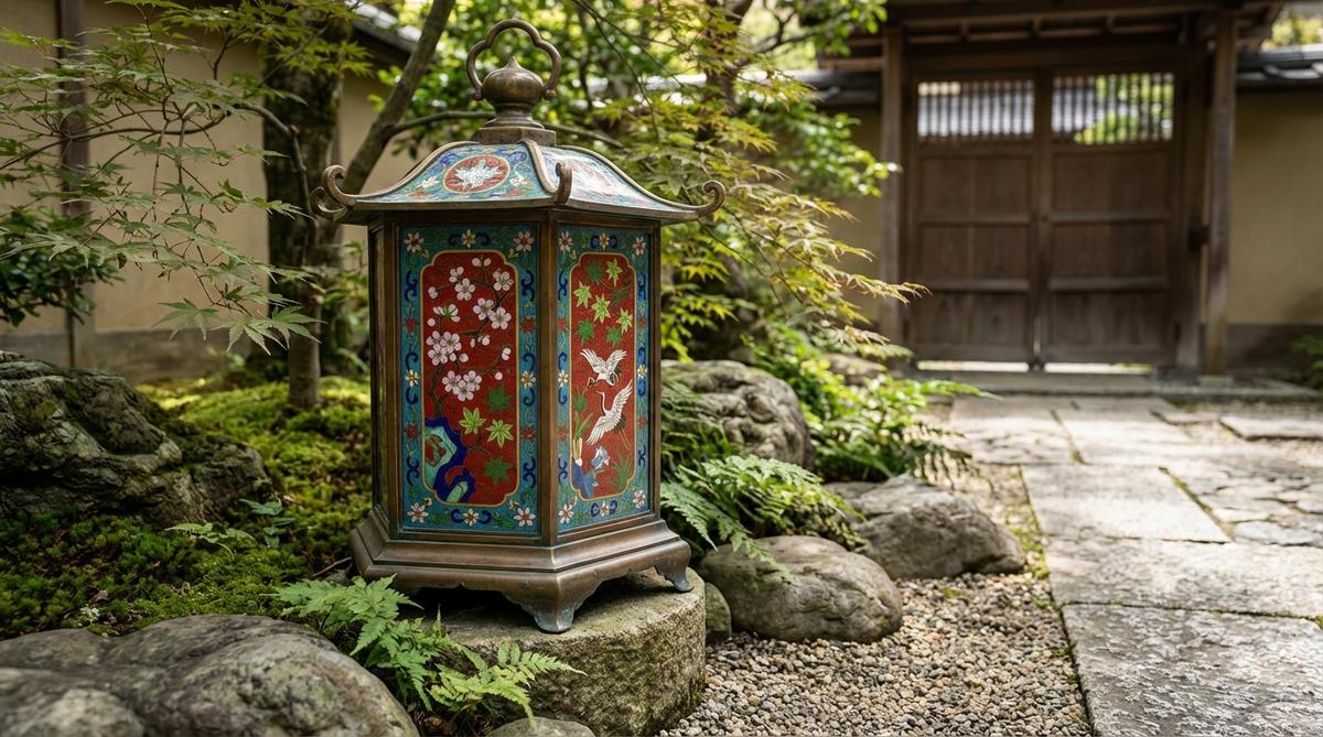 A close-up view of a high-end Japanese garden lantern featuring intricate cloisonné enamel decoration in vibrant red, blue, green, and gold colors. Artisans have applied colored glass paste within delicate metal wire frameworks and fired the assembly to create permanent decorative panels with traditional motifs like cherry blossoms, maple leaves, and crane symbols. This jewel-like enamel work resists fading and adds ceremonial elegance to formal gardens, typically placed in protected courtyards or covered temple approaches.