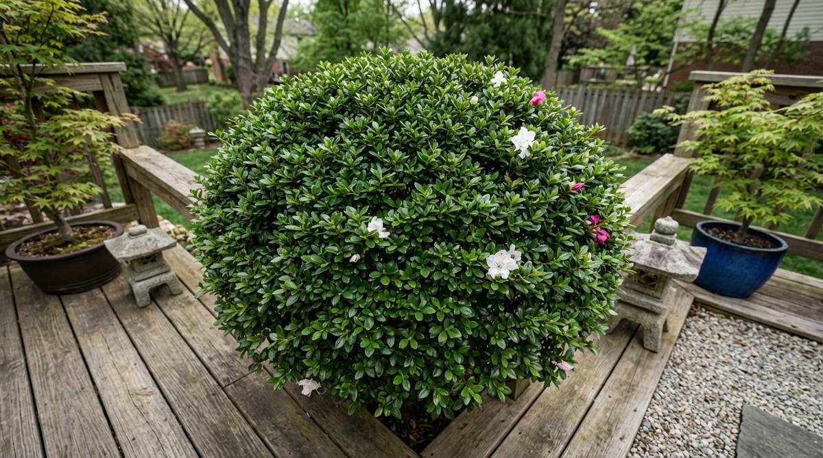 A compact evergreen azalea cultivar with small leaves and restrained growth habit, providing brief spring blooms followed by year-round evergreen foliage in a Japanese balcony garden setting, pruned to maintain a dense, rounded form that emphasizes foliage over flowers.