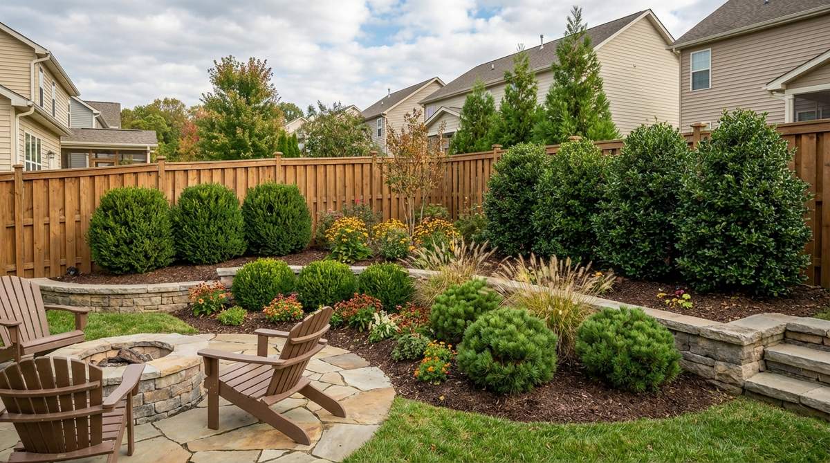 A small backyard garden featuring strategically placed evergreen plants like boxwood, dwarf conifers, and compact holly varieties arranged in odd-numbered groups along borders and corners, creating year-round structure and screening unwanted views while serving as the foundation for seasonal plant rotations.