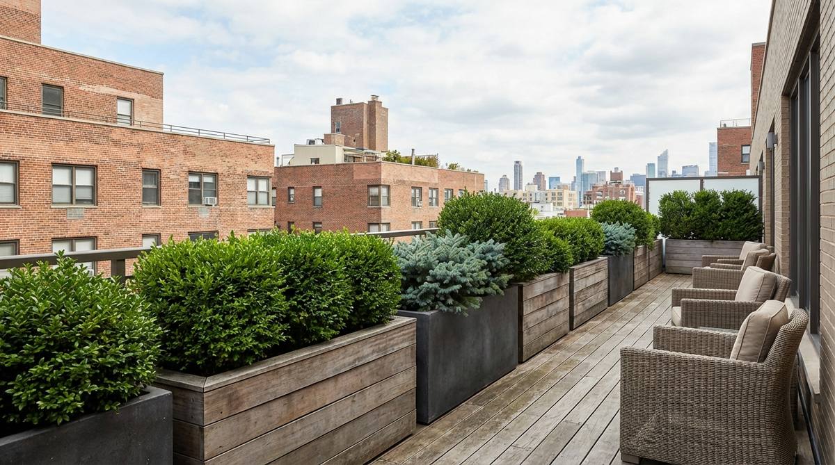 A photo showing dwarf evergreen shrubs such as boxwood, juniper, or compact holly planted in large containers along a balcony edge, illustrating year-round privacy and structural screening in an urban garden setting.