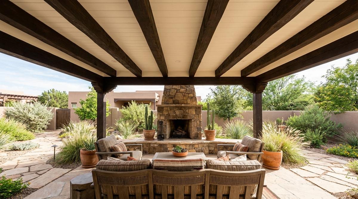 A rustic western boho interior featuring hand-hewn wooden beams with a dark espresso or walnut stain, spaced 4-6 feet apart for balanced rhythm. The ceiling between beams is painted warm white to maintain brightness, creating architectural gravitas and visual depth in the room.