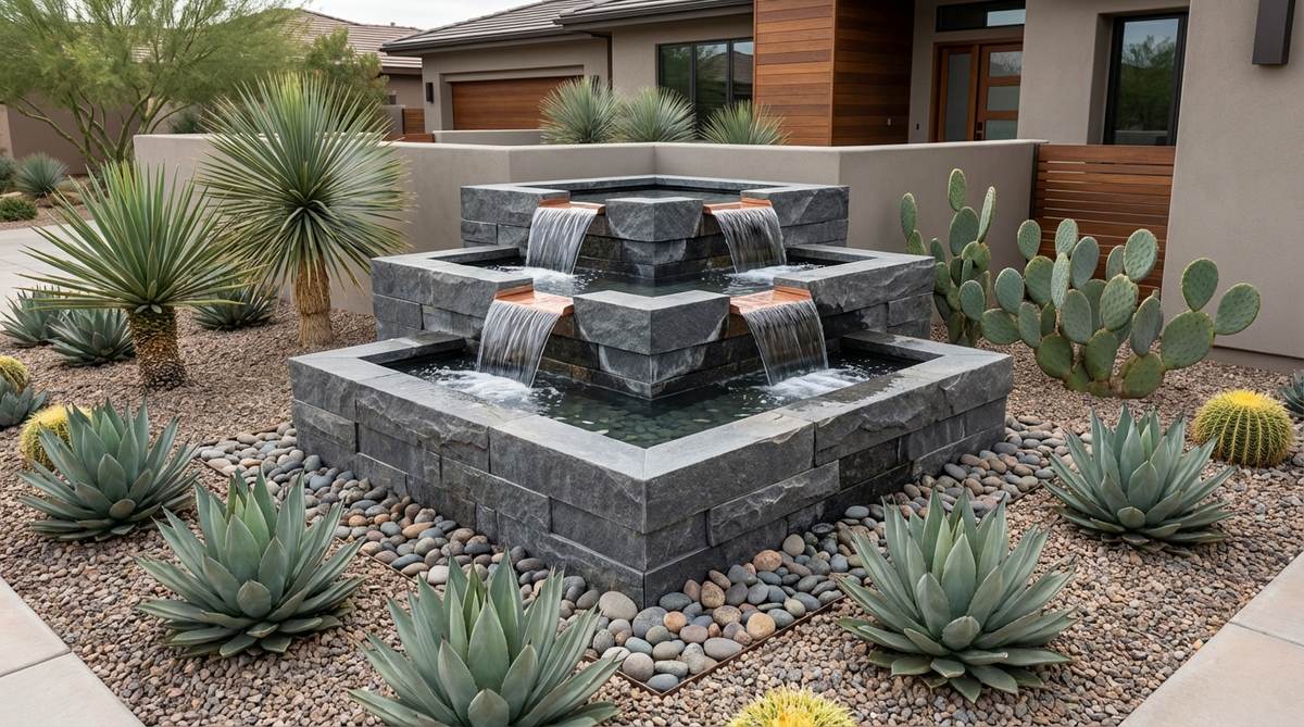A modern facet fountain with sharp-edged basins and copper spillers creating symmetrical water patterns, ideal for minimalist gardens, rock gardens, and xeriscape designs with architectural plants like agaves and yuccas.