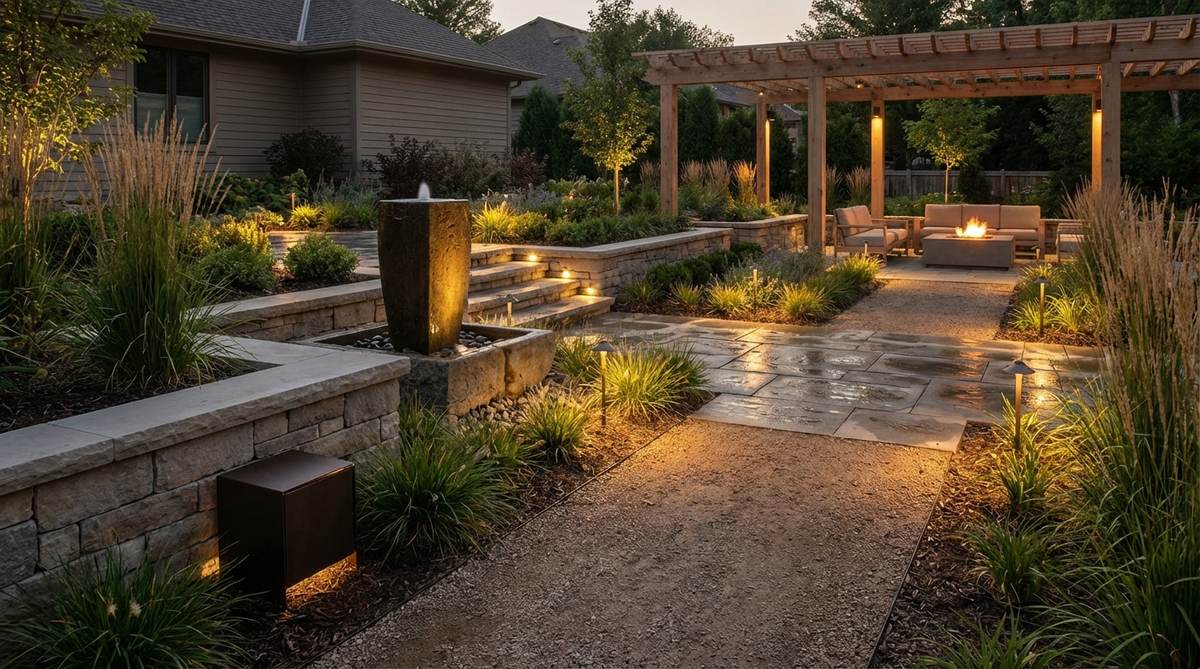 A modern garden lighting setup featuring fiber-optic pin spots, showing multiple fiber endpoints creating small pools of illumination around water features and architectural details. The system demonstrates safe, low-maintenance lighting with a single remote light source powering multiple passive fiber points.
