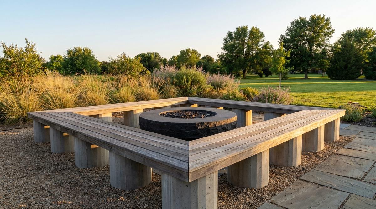 A modern U-shaped or circular garden bench surrounding a fire pit, featuring concrete legs arranged radially to create a conversation-friendly seating layout. The design maintains proper safety clearance from open flames and uses fire-resistant materials for durability in outdoor heat zones.