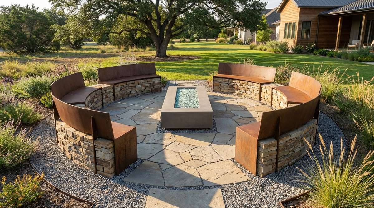 A contemporary garden bench designed as a fire pit surround, featuring backless benches arranged in a circular or square formation around a central fire feature. This setup creates a warm gathering space with 350-degree access, encouraging group interaction. The benches are made from heat-tolerant materials like stone or metal, ensuring safety and durability. The installation is set on a base of gravel or pavers for all-weather use, anchoring the outdoor living area as a destination.