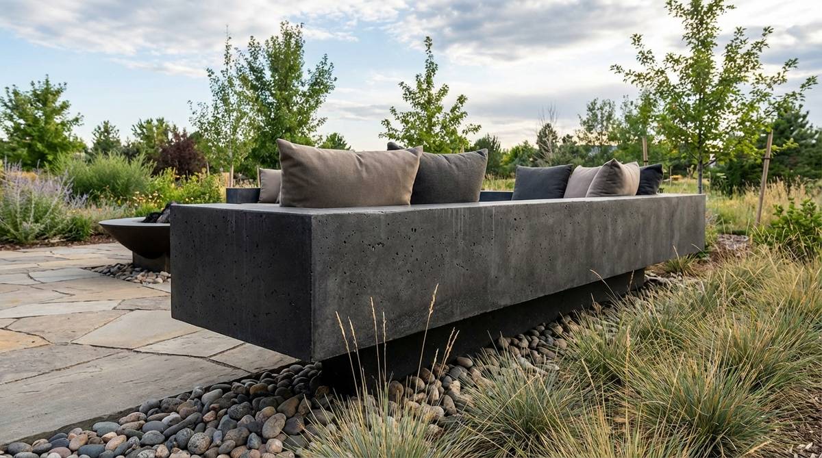 A modern floating concrete bench with a cantilevered design that appears to hover above the ground, featuring a monolithic charcoal or warm grey concrete slab that serves as a sculptural element in outdoor decor. The bench includes weather-resistant fabric cushions for comfort, harmonizing with surrounding hardscaping in contemporary outdoor settings.