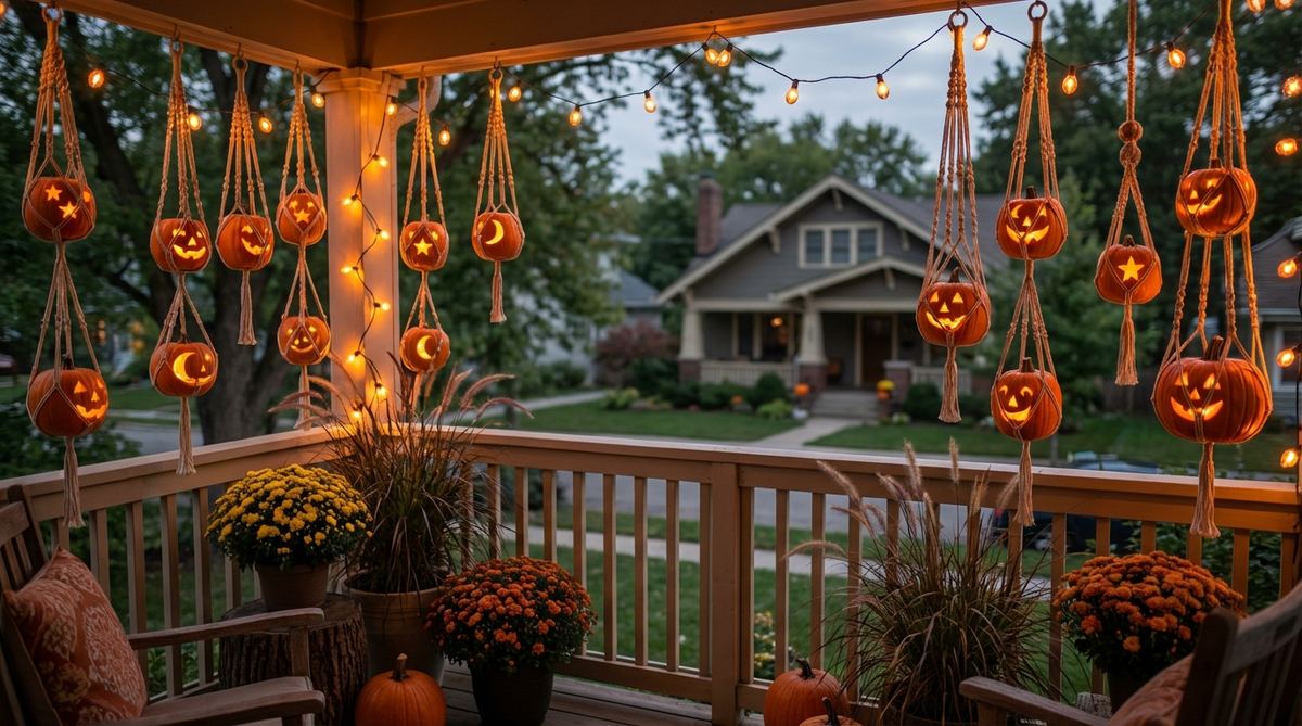 Small carved pumpkins suspended in macrame hangers with orange string lights, creating floating lanterns for contemporary Halloween balcony decor. The pumpkins feature star and moon patterns, swaying gently to add kinetic interest to elevated displays.