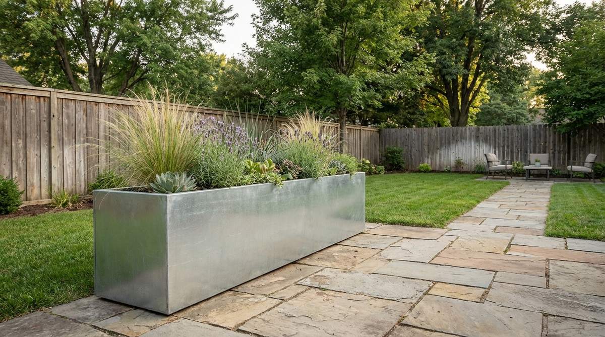 A rectangular galvanized steel planter box with a silver-gray finish, ideal for modern garden decor and raised bed gardens on patios, featuring clean lines and heat-reflective properties.