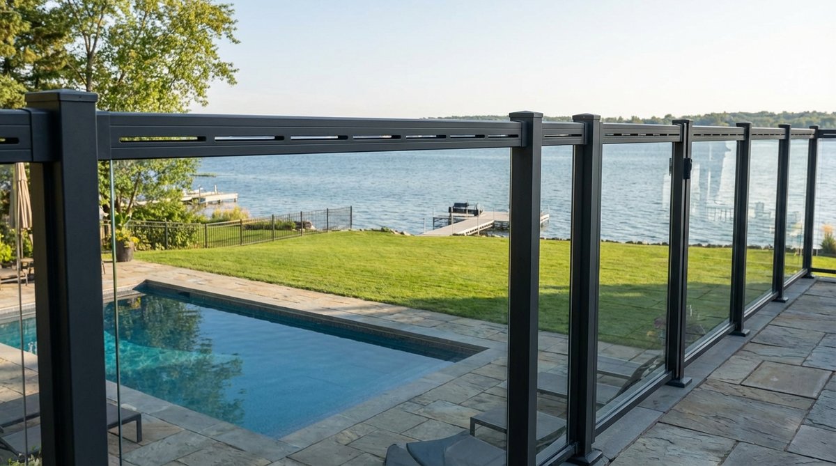 A modern garden fence featuring tempered glass panels set in sleek aluminum frames, designed to preserve views while establishing clear boundaries. This transparent fencing solution is ideal for pool enclosures and waterfront properties, with minimal visual obstruction that maintains property aesthetics. The aluminum frames include drainage channels to prevent water accumulation, and the quarter-inch tempered glass is rated for outdoor durability.