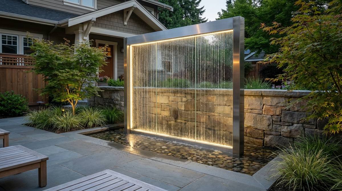 A zen garden water feature showing a glass panel rain curtain with water flowing down a transparent surface, creating delicate tinkling sounds and playing with light. The tempered glass is framed in stainless steel with LED backlighting for dramatic nighttime effects.