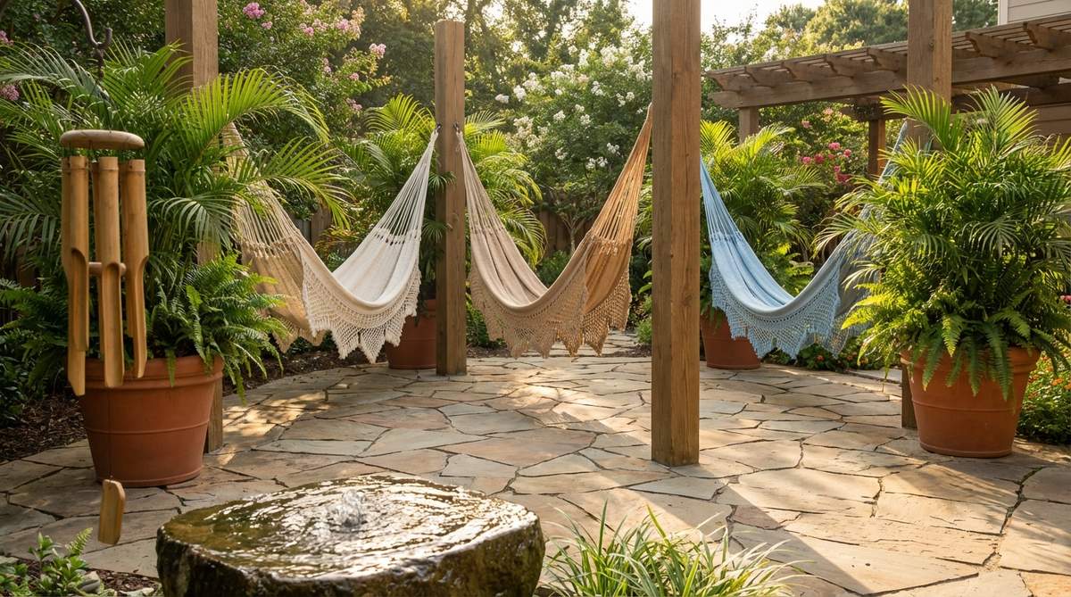 A serene outdoor patio scene featuring a hammock grove with 2-3 Brazilian-style hammocks strung between trees or posts, spaced 6-8 feet apart for safety. Large planters filled with tropical palms flank the hammocks, creating an island resort atmosphere. The setup is positioned near water features or wind chimes to enhance the sensory experience, offering a minimal-space, high-relaxation zone ideal for outdoor decor.