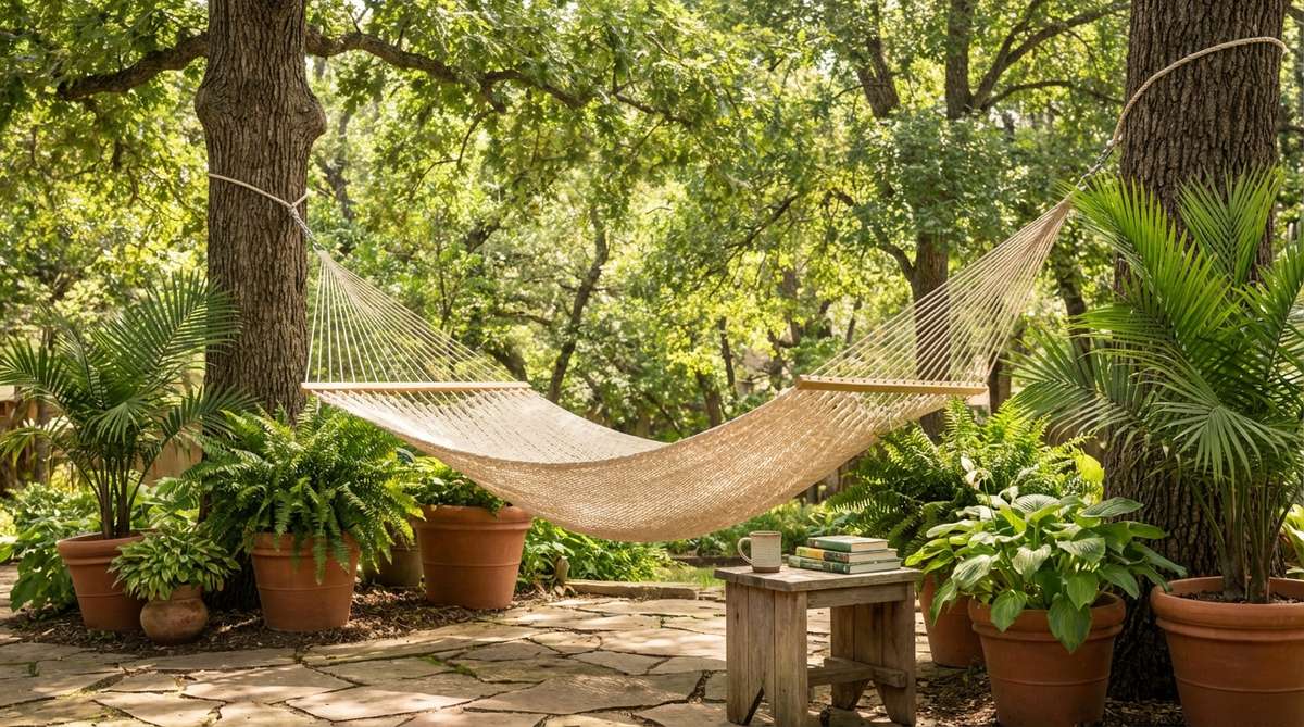A woven cotton hammock in natural cream or Ankara print, strung between trees or posts in a garden, surrounded by potted plants and positioned in dappled shade to create a lush, tropical-bohemian relaxation spot.