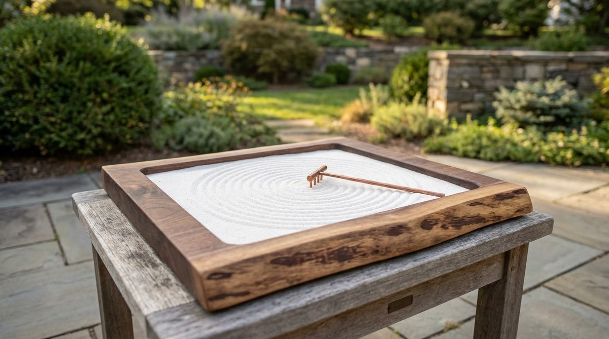 A hand-carved walnut mini zen garden featuring a solid walnut tray with organic live-edge border, rich chocolate-brown grain patterns, and traditional mortise-and-tenon joinery. Includes premium white quartz sand and hand-forged copper rake as a desk centerpiece and family heirloom.
