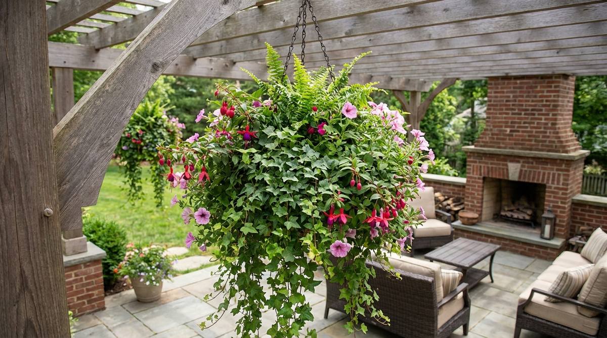 A hanging basket arrangement suspended from a pergola beam, featuring a mix of trailing and upright plants that cascade downward to add overhead interest and soften architectural lines in outdoor spaces.