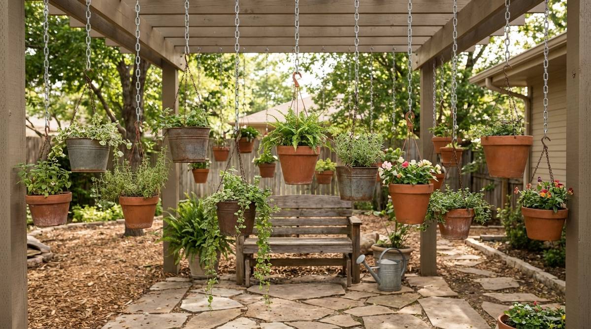 Suspended pots on adjustable chains create floating gardens at eye level, improving drainage and deterring pests. Stagger chain lengths for varied heights, using lightweight pots to minimize stress on ceiling hooks.