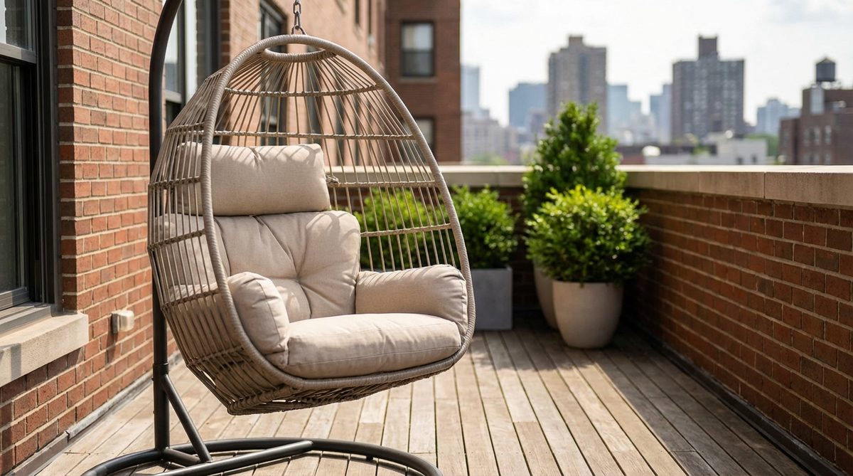 A freestanding hanging chair with a powder-coated steel stand, ideal for urban balconies. Features a sturdy frame supporting up to 300 pounds, removable weather-resistant cushions, and a collapsible design for easy storage. Provides ergonomic rocking motion for relaxation.