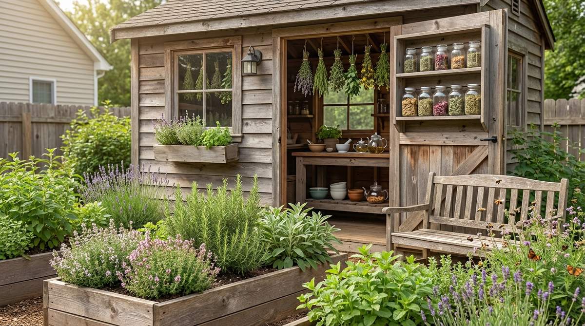 A cozy garden shed featuring raised beds with culinary and medicinal herbs like thyme, rosemary, sage, lavender, and mint. Inside, bundles of drying herbs hang from rafters, and open shelving displays apothecary jars. A small counter is set up for blending teas, with a weathered bench outside surrounded by pollinators and aromatic foliage.