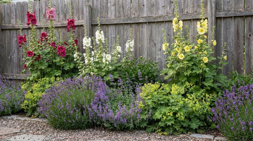 Tall hollyhocks against a weathered wooden fence, creating vertical drama in a cottage garden setting, with mounding perennials at the base for contrast.
