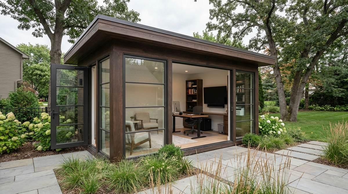 A modern garden shed transformed into a professional home office featuring a separate entrance for client privacy. The exterior shows a dedicated door positioned away from residential areas, with a small waiting area visible through windows. Inside, the office is equipped with robust internet connectivity, separate electrical circuits, and professional furnishings suitable for therapists, consultants, or creative professionals.