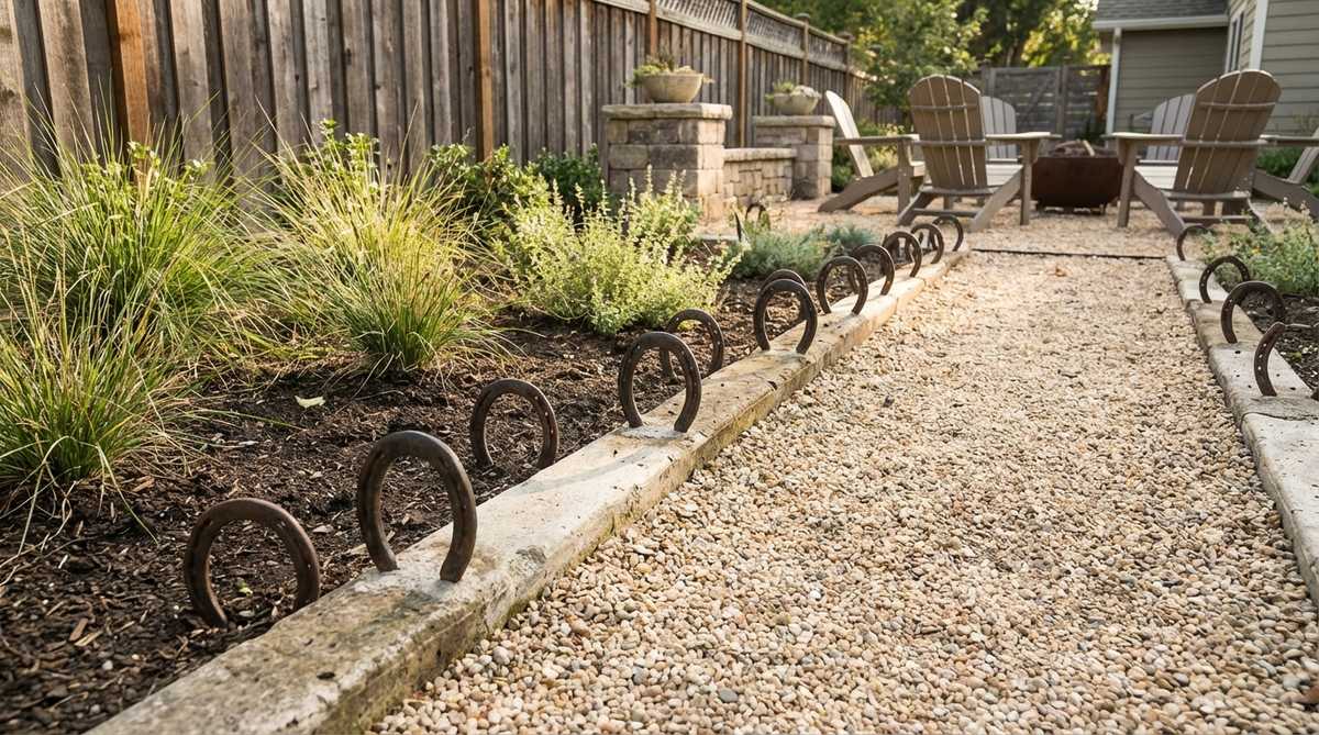 A rustic outdoor decor image showing horseshoes embedded in concrete or soil to create rhythmic borders along walkways and garden beds. The dark iron crescents contrast with light-colored gravel pathways, adding cowboy character and reinforcing western themes economically. Demonstrates both permanent installation in wet concrete and temporary seasonal borders in soil.