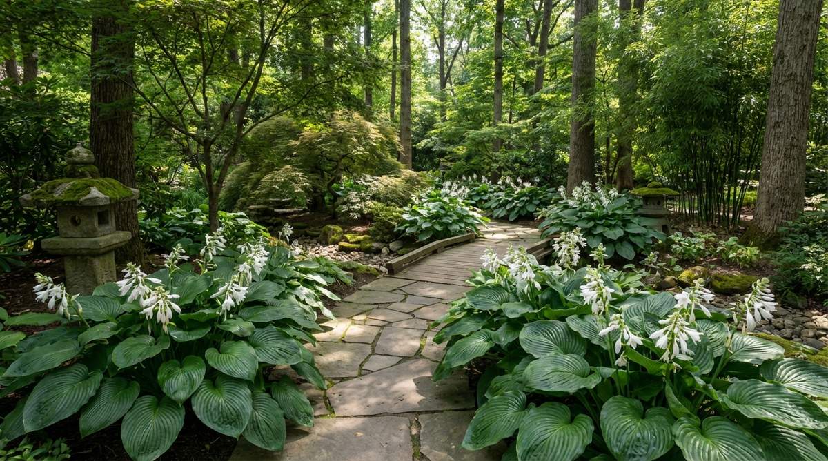 A lush planting of Hosta 'Royal Standard' with its large, heart-shaped green leaves creating bold mass plantings in a Japanese garden. The substantial foliage provides excellent ground cover in shaded areas, with fragrant white flowers visible in summer. Planted in drifts along a pathway to establish visual rhythm, this cultivar thrives in low-light conditions where variegated varieties would fade.