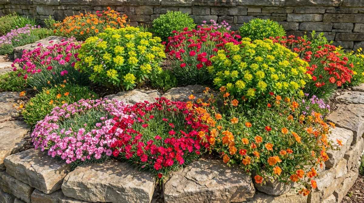A vibrant small garden rockery featuring dianthus, rock roses, and euphorbia in vivid pinks, reds, and oranges, arranged with low creeping plants at the front and taller cushion plants at the back against neutral stone for maximum color impact.