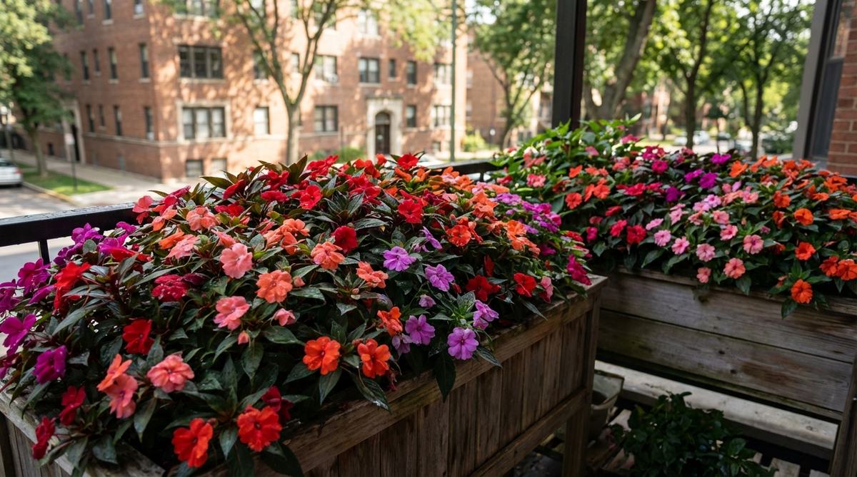 A vibrant display of impatiens, also known as Busy Lizzie, thriving in a shaded urban balcony container. The modern varieties showcase nonstop color and resist downy mildew, with dense planting for quick coverage and self-cleaning flowers that eliminate deadheading chores.