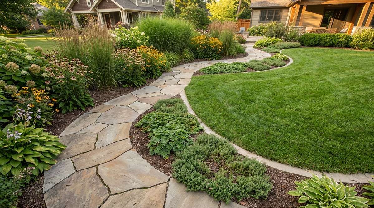 A stone garden pathway with organic kidney-shaped curves that wrap around planting beds and lawn areas, creating flowing pathways that define garden spaces without harsh linear divisions. The continuous curve allows for varied planting schemes with taller specimens on inner curves and low sprawling plants on outer curves, maximizing usable lawn area while providing generous planting zones with mowing-friendly curved edges.