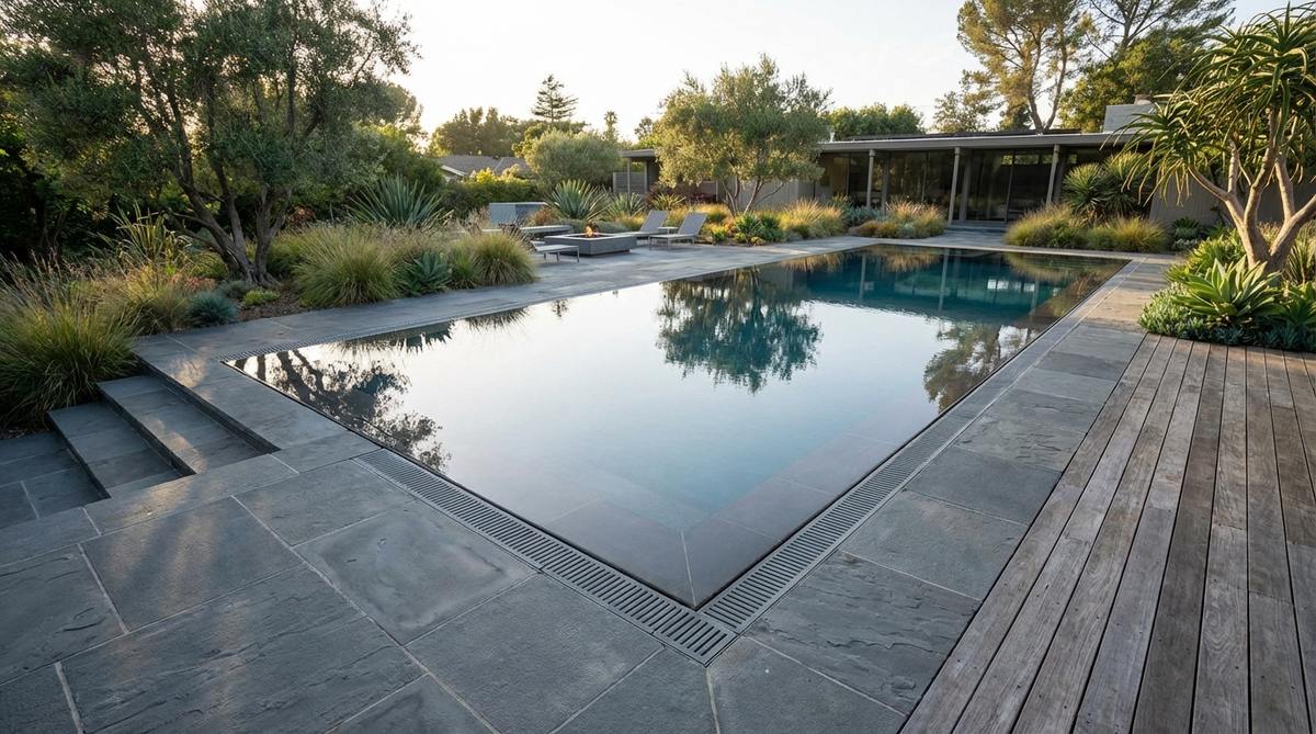A sophisticated mid-century modern garden featuring a knife-edge pool perimeter where the waterline is perfectly flush with the surrounding decking, creating a seamless visual plane. The design showcases precise grading and structural engineering with concealed overflow channels and hidden surge tanks, demonstrating both dramatic effect and functional elegance with entry steps on one side.