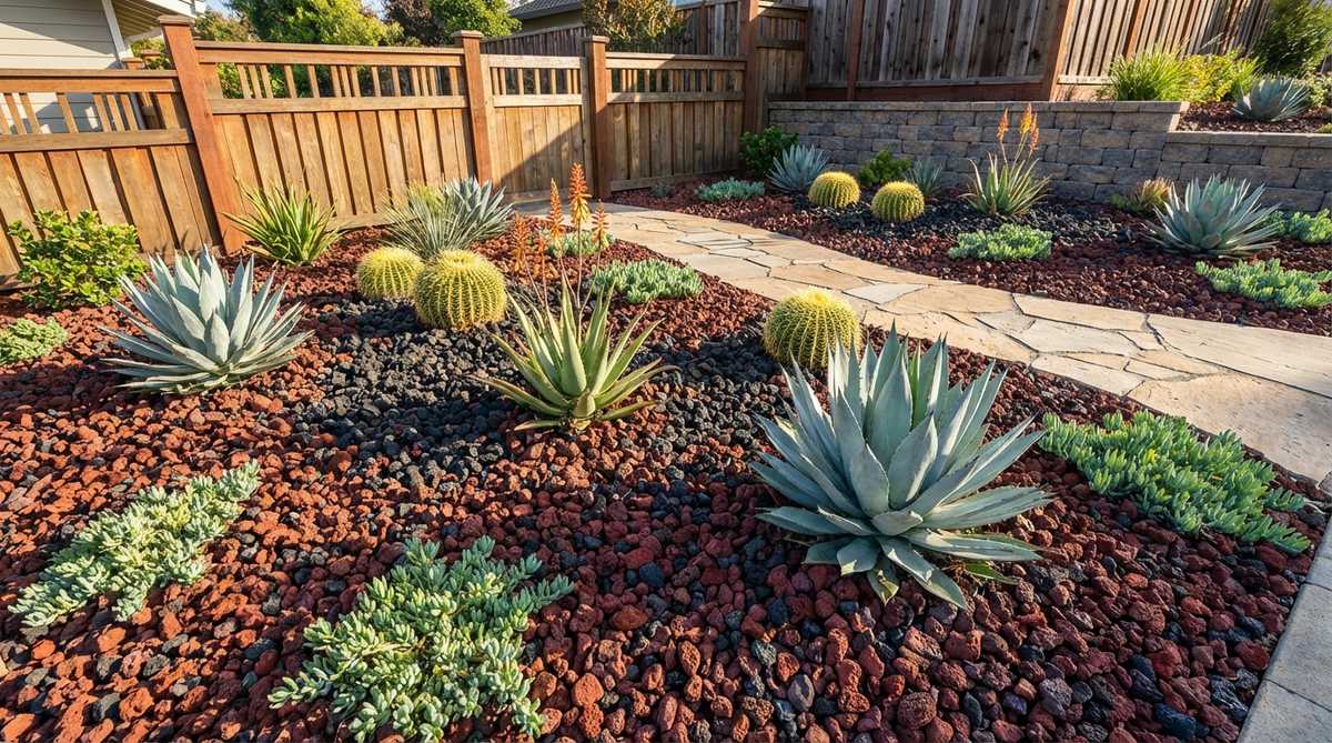 Red and black porous lava rock used as permanent mulch in garden beds with cacti and succulents, creating high contrast against silvery foliage while retaining heat for warm-season plants.