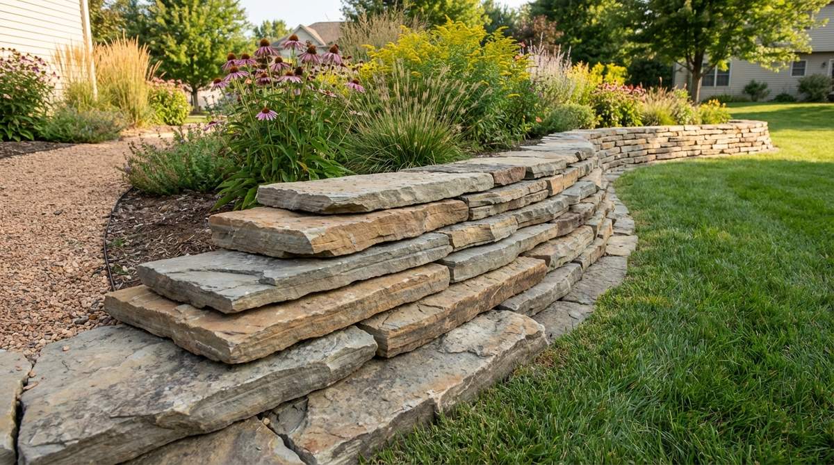A natural-looking stone garden edging design featuring flat ledgestone pieces stacked horizontally to mimic rock strata, with each layer projecting slightly beyond the one below to create shadow lines and dimension. This method uses the largest stones at the base and decreases size toward the top for a weathered, structurally sound appearance.