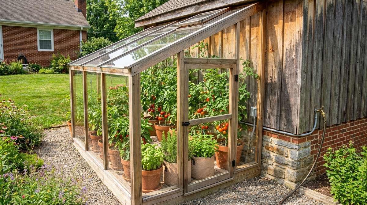 A lean-to greenhouse attached to a south-facing garden shed wall, showing a 6x4 foot structure with tomatoes, peppers, and herbs growing in containers and growing bags. The design illustrates simplified electrical and water connections from the house, with thermal mass from the shared wall moderating temperature swings.