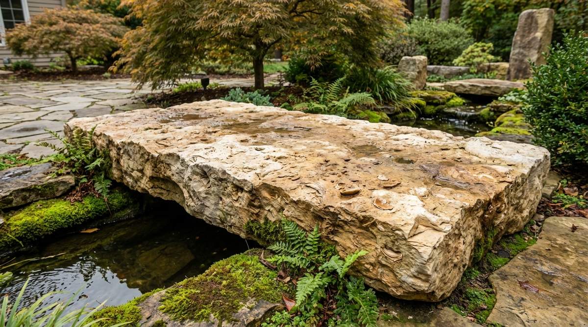 A detailed view of a limestone slab with natural texture, showcasing its warm tones, pitting, and fossil inclusions, ideal for constructing a Japanese garden bridge that blends organically with water features and promotes moss growth.