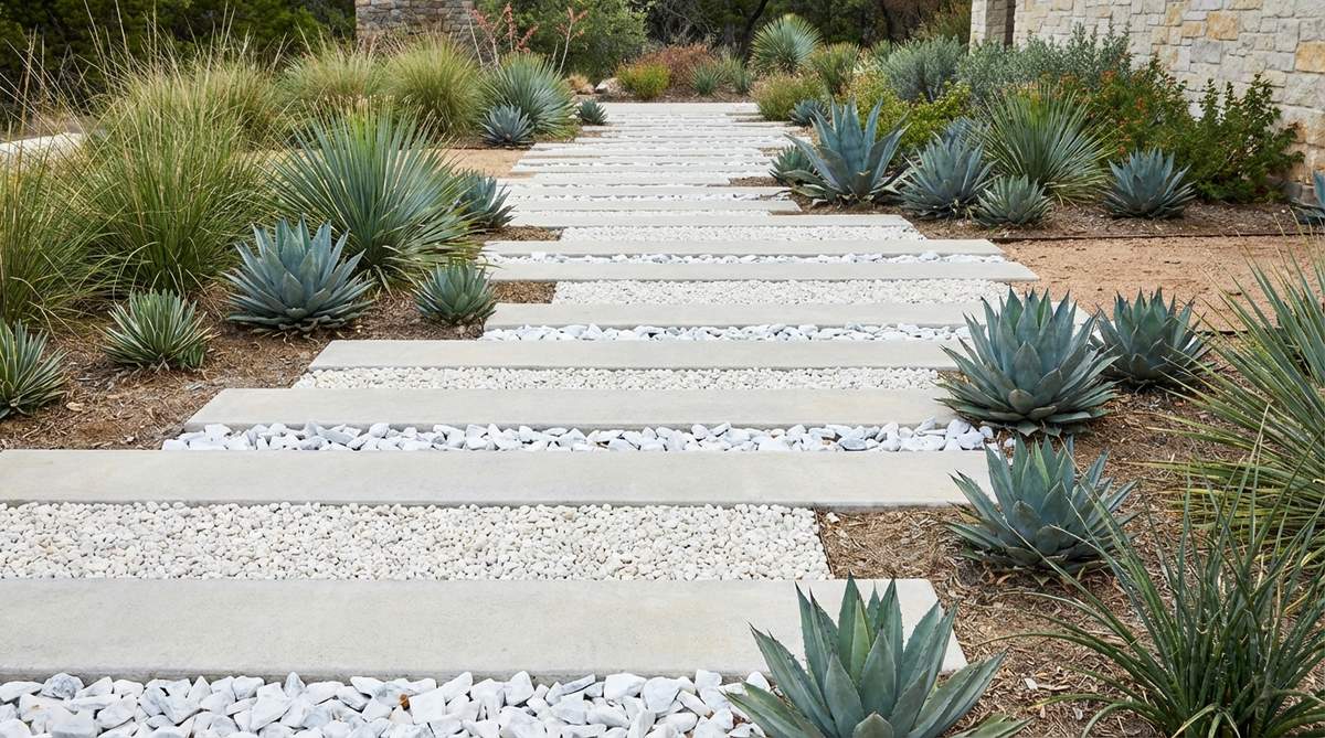 A modern garden path featuring parallel white pea gravel bands separated by concrete strips, creating bold horizontal lines that elongate narrow spaces. The design includes smooth concrete surfaces and angular white marble chips, suitable for desert, xeriscape, and architectural modern gardens with agaves and ornamental grasses.