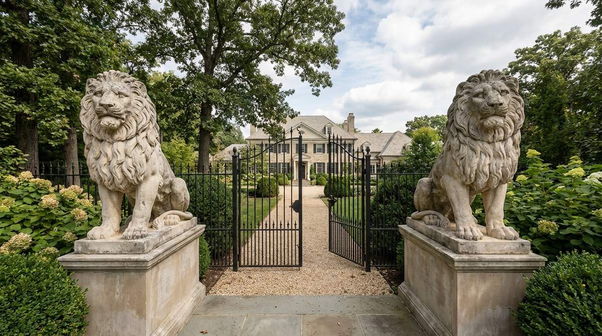 A pair of majestic lion statues carved from limestone or marble, serving as protective sentinels at estate entrances. These traditional stone garden animals feature detailed manes showcasing artisan chisel work, positioned symmetrically to flank gates, doorways, or stair bases. Representing courage and nobility, they create ceremonial thresholds that reinforce formal design principles and establish hierarchy between public and private zones in classical architecture.