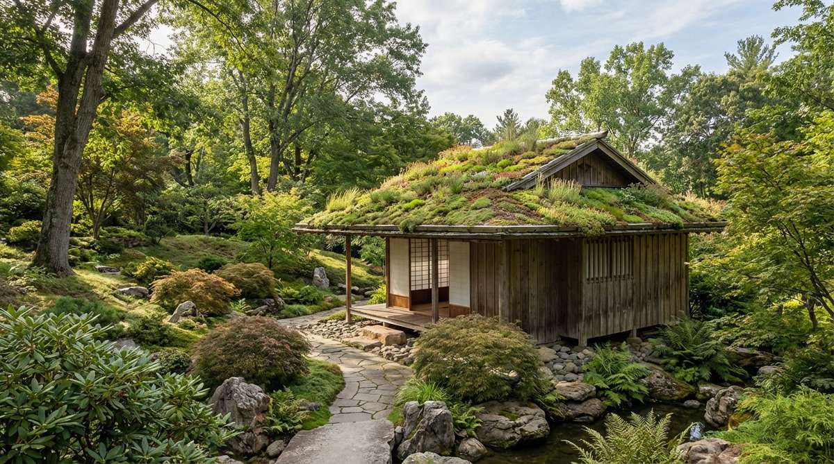 A Japanese garden tea house with a planted roof system featuring native sedums, mosses, and low grasses, integrated into the landscape topography to reduce visual impact and provide ecological benefits.